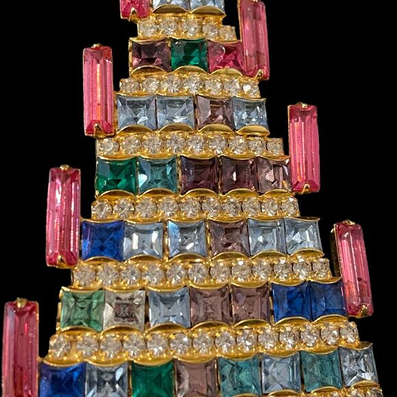 Vintage Dominique Candle Christmas Tree Brooch Pin Rhinestone Jewelry Signed - Picture 8 of 9